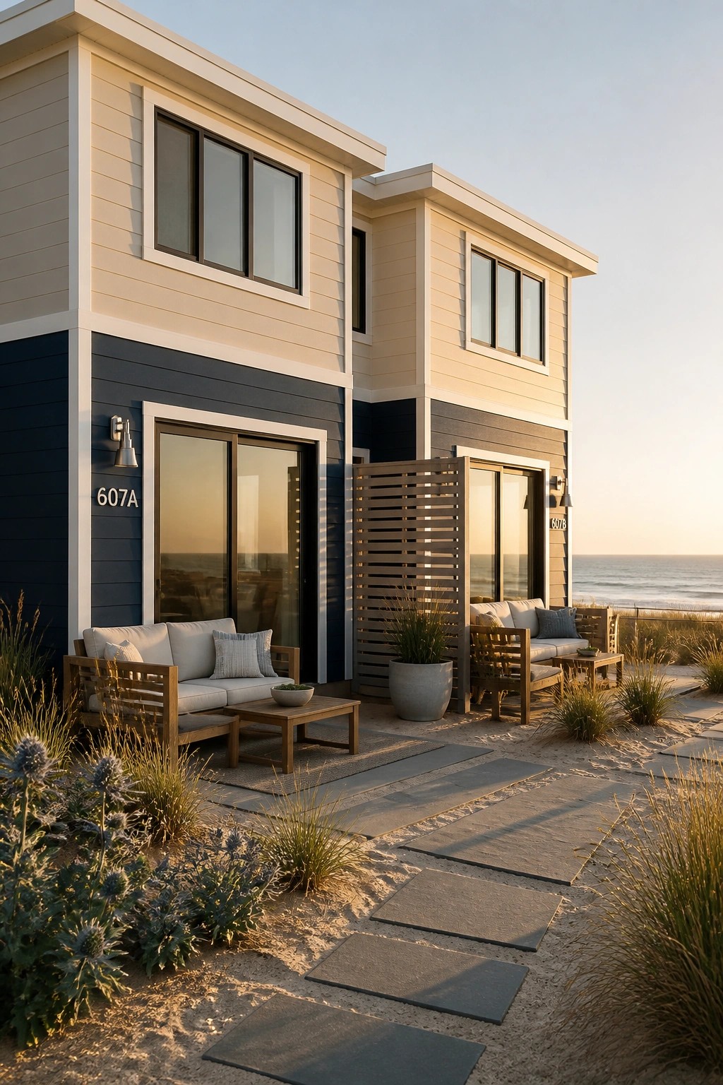 Two modern beach houses with light upper siding and dark navy lower siding, large windows, outdoor seating areas, and a stone path through dunes to the ocean.