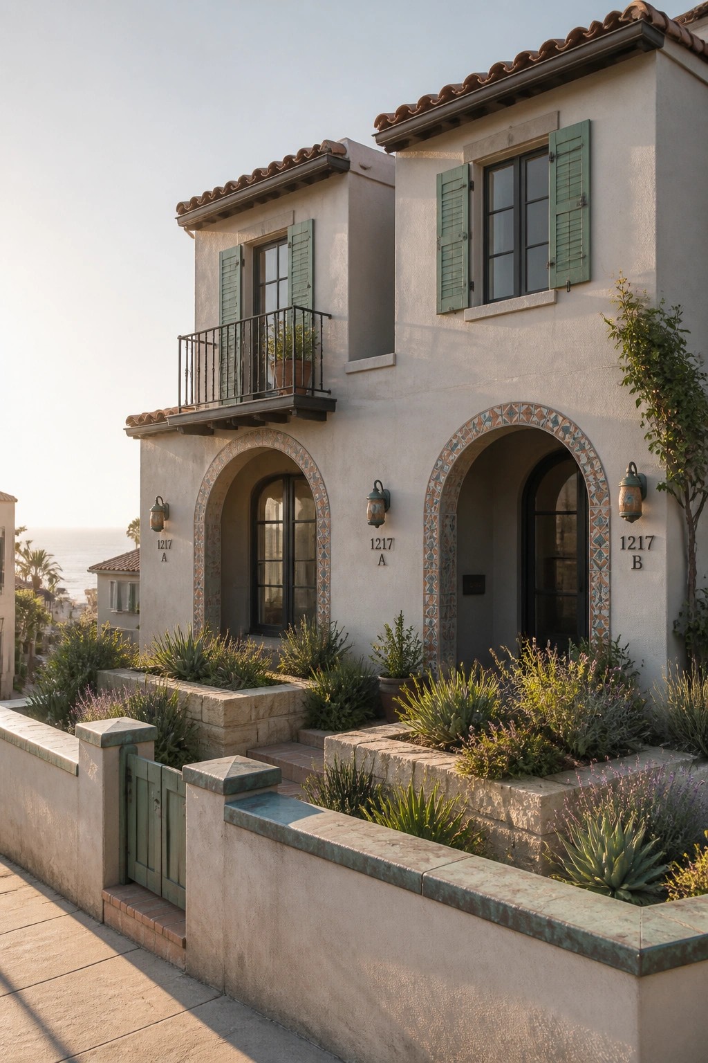 A two-story stucco house exterior painted in a light warm neutral color with green shutters, arched windows and doors, and terracotta roof tiles.