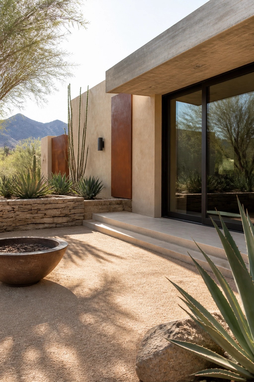 Modern house exterior with beige stucco walls, a rusted metal door, concrete overhang, black-framed glass doors, and desert plants including agave and tall cacti.
