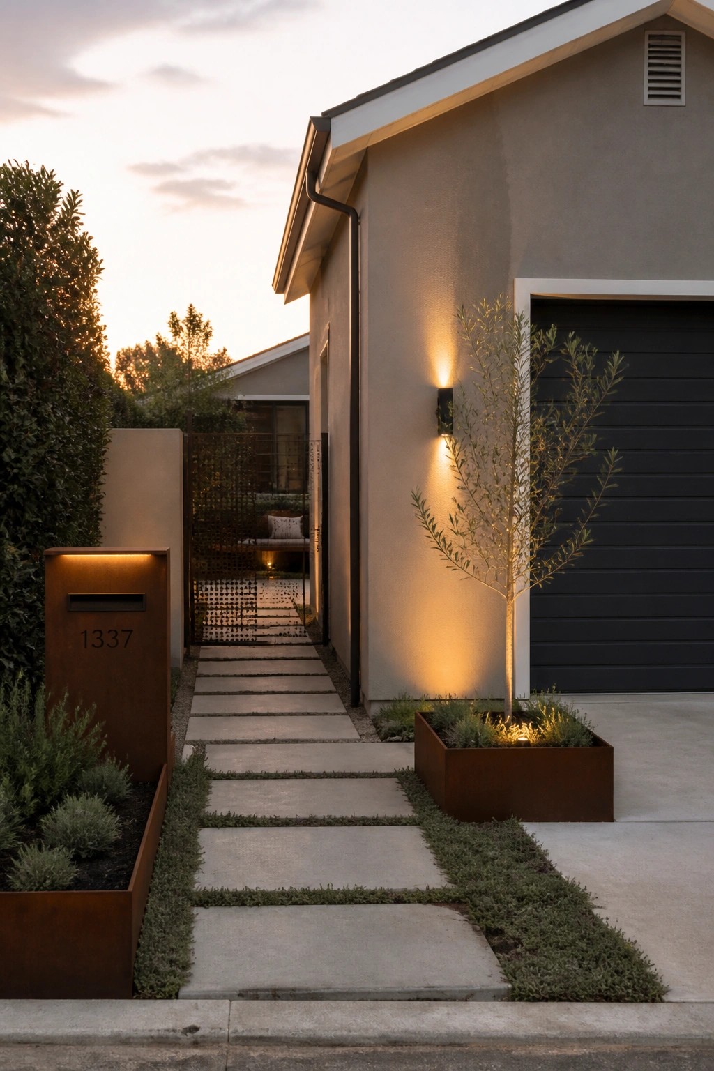 Modern house exterior with light stucco walls, black garage door, wall sconces, concrete pathway, and rusted metal planters at dusk.