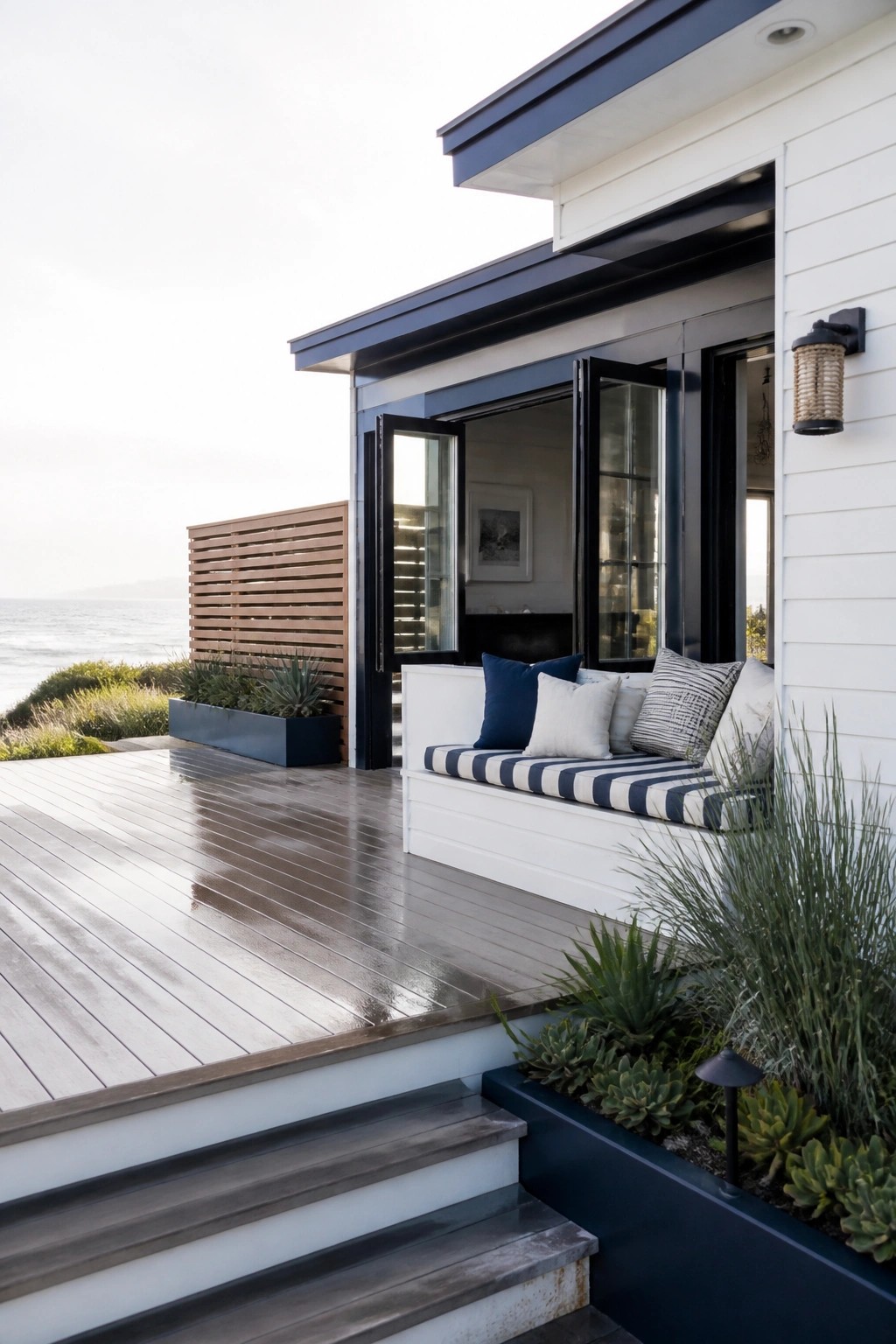 Modern white house deck with striped bench overlooking ocean at sunset