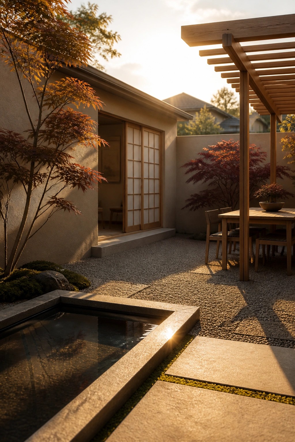 A gravel courtyard with a wooden pergola over a dining table, a stone water feature in front, and Japanese maple trees next to a house with open sliding doors.