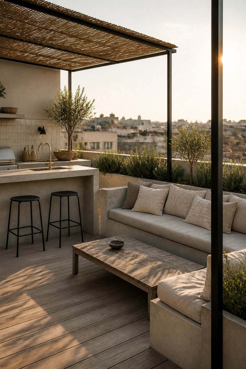 A rooftop terrace features a woven reed shade structure over concrete built-in seating, a wooden coffee table, and an outdoor kitchen with black stools, overlooking a cityscape at sunset.