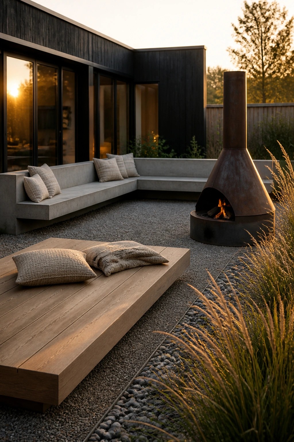An outdoor patio with a dark wood modern house, concrete bench seating, a large metal fire pit, a low wooden platform with pillows on gravel, and tall grasses along the edge.