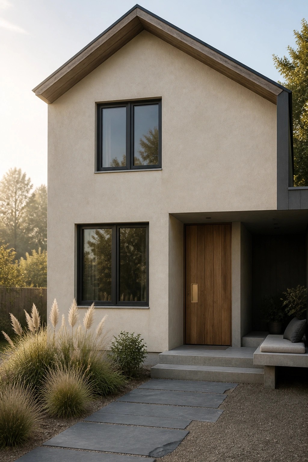 A two-story house with beige stucco walls, black-framed windows, a vertical wood front door, concrete steps, and a stone pathway bordered by tall grasses.