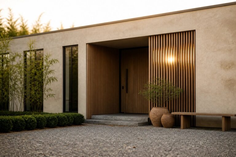 Modern house exterior with a recessed entry framed by vertical wood slats, dark steps, and a gravel path bordered by shrubs and two large ceramic pots.