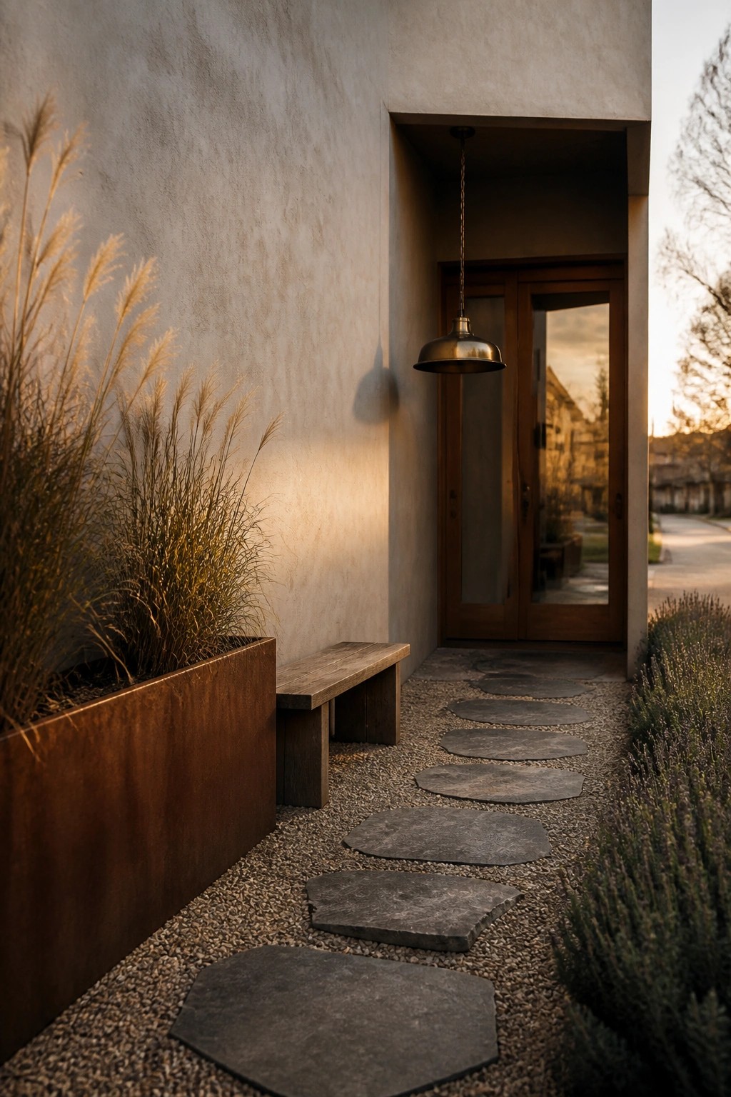 A gravel path lined with irregular dark stone stepping stones leads to a wooden double door on a concrete exterior wall, with a metal planter holding tall grasses on the left and a hanging metal light above the door.