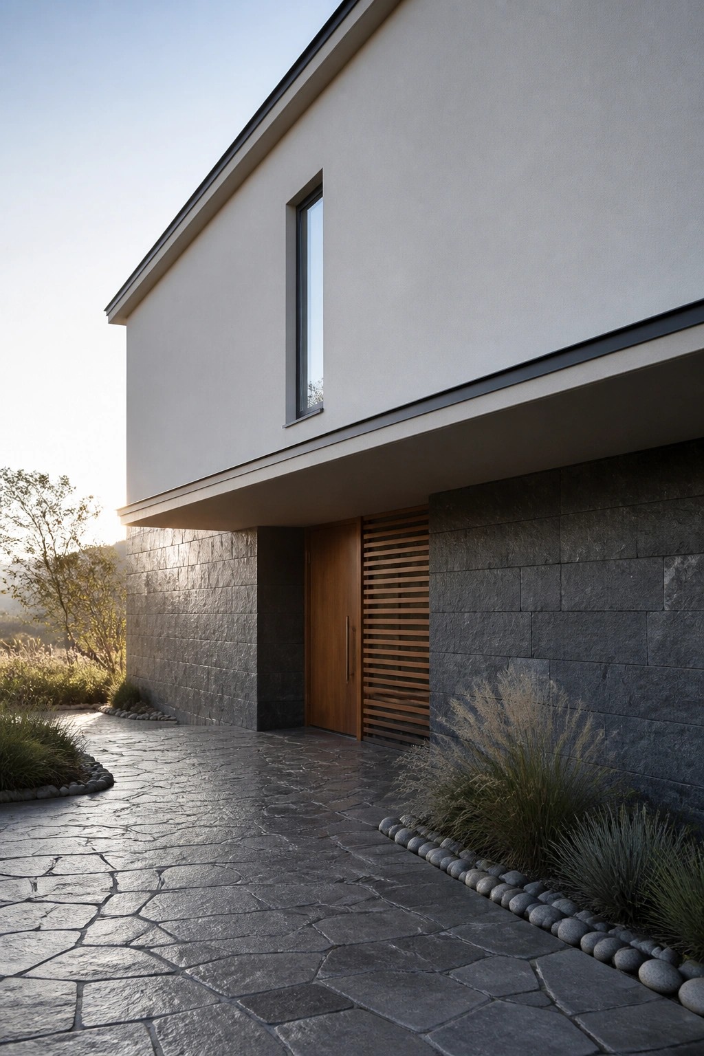 A modern house exterior features a light stucco upper section over a dark stone base, with a wooden front door and horizontal wood slats beside it, and a stone pathway in front.