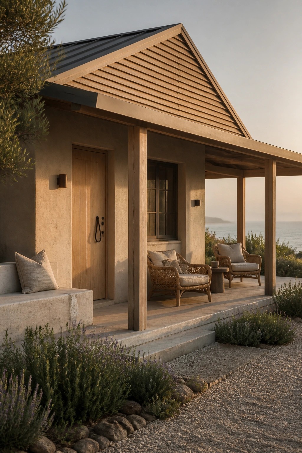 Coastal wooden cabin porch with wicker chairs overlooking the ocean at sunset
