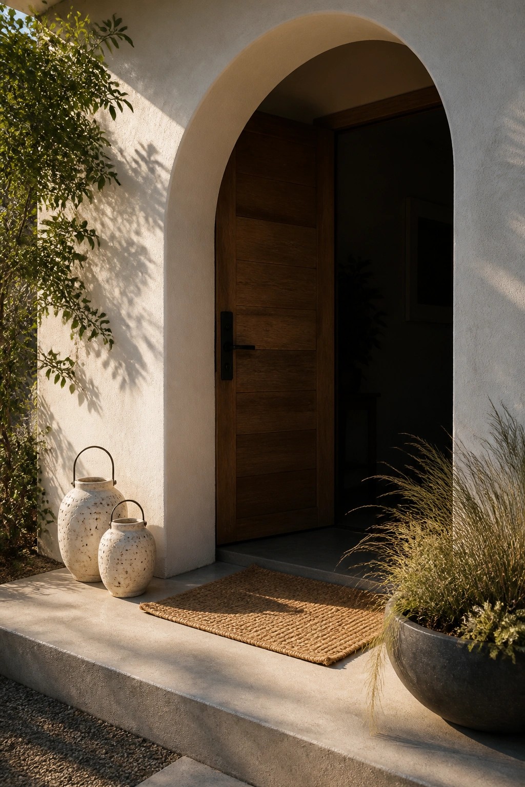 A wooden door inside an arched opening on a house exterior, with two speckled ceramic pots and a woven mat on the concrete steps next to a large dark planter.