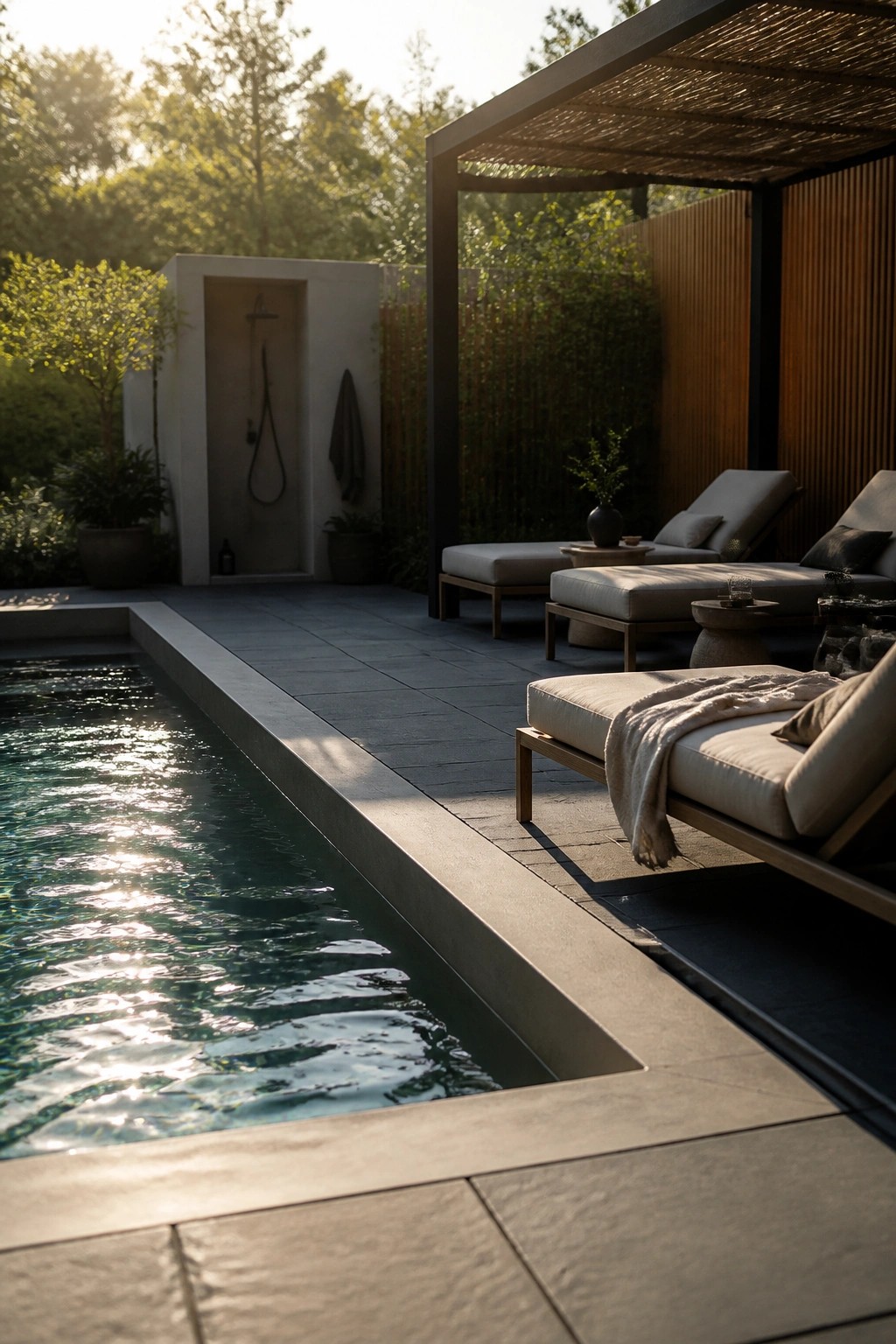 Luxurious modern poolside with lounge chairs, stone deck, and pergola at sunset