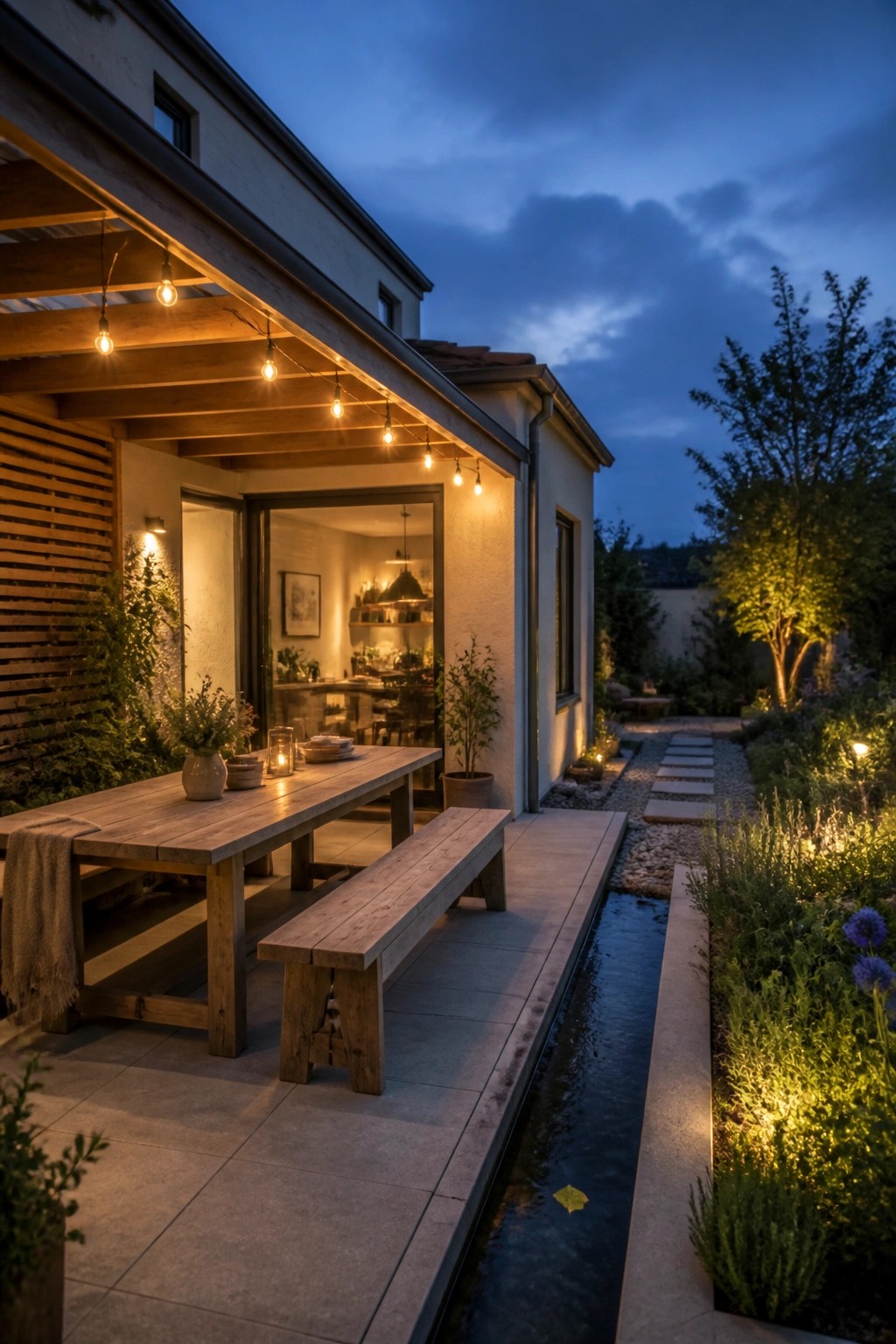 A wooden dining table with benches on a stone patio next to a narrow water channel, under a covered wooden structure with string lights.