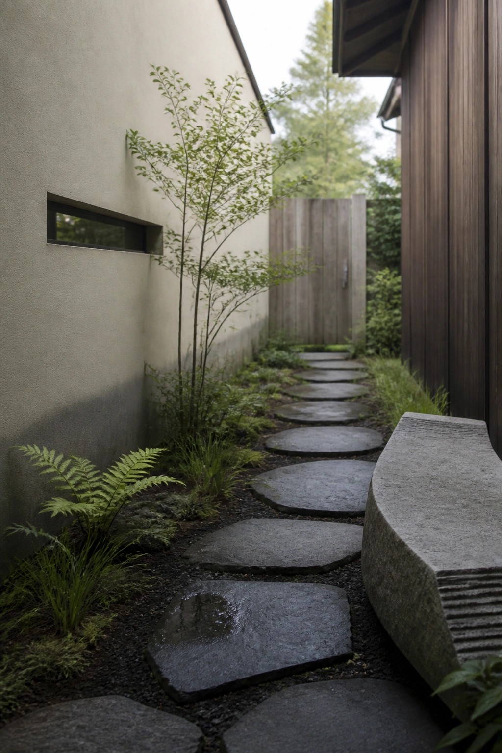 A narrow outdoor path of irregular gray stepping stones set in dark gravel, bordered by ferns and small trees next to a beige wall and wooden gate.