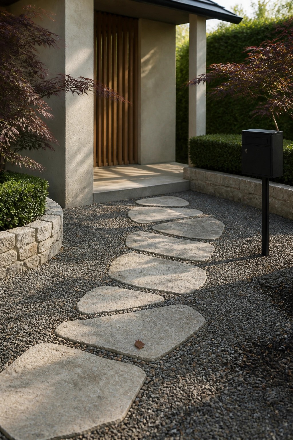 A gravel path lined with irregular flat stepping stones leads to a house entrance featuring a vertical wood slat door and concrete walls, with low shrubs and a black mailbox visible on the right.