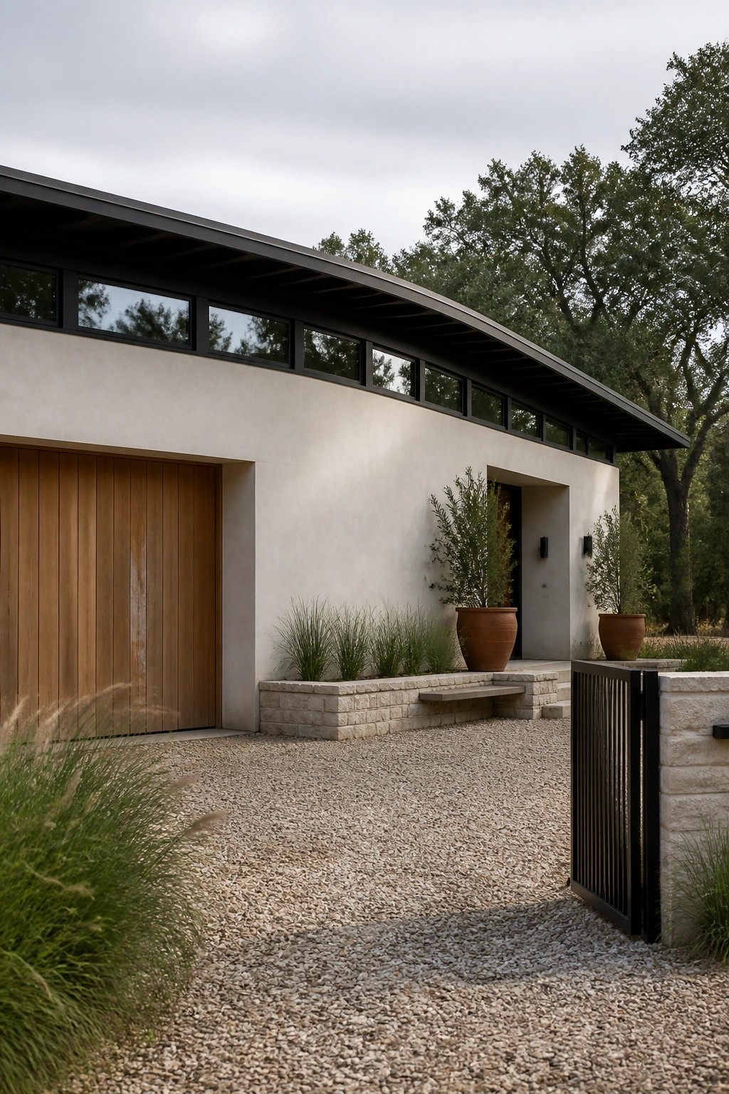 Modern house exterior with wooden garage door, light stucco walls, horizontal windows under curved roof, stone planters holding grasses and terracotta pots, gravel driveway, and black metal gate.