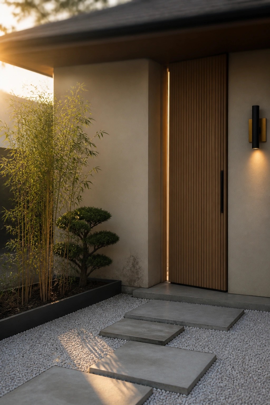 A house entry with a tall vertically slatted wood door, a black wall sconce, concrete stepping stones on gravel, and tall bamboo plants beside a beige wall.