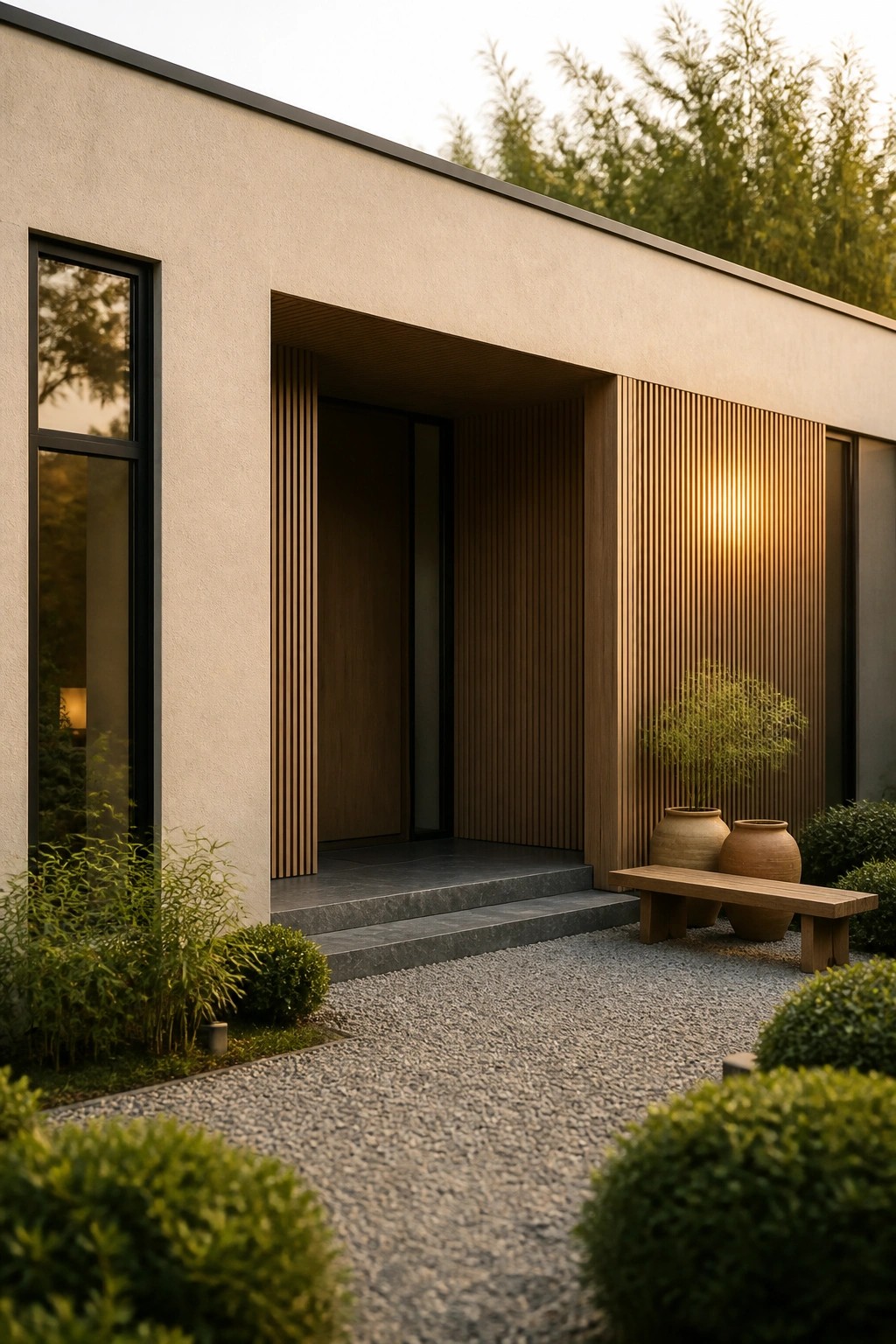 Modern house exterior with a recessed entry framed by vertical wood slats, dark steps, and a gravel path bordered by shrubs and two large ceramic pots.