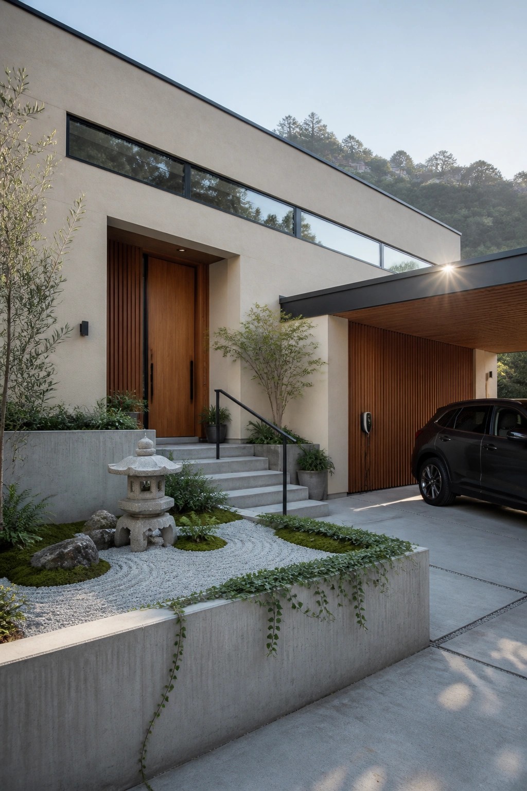 Modern house exterior with beige stucco walls, a wooden front door, vertical wood slats on the garage, concrete planters, and a gravel garden with a stone lantern.