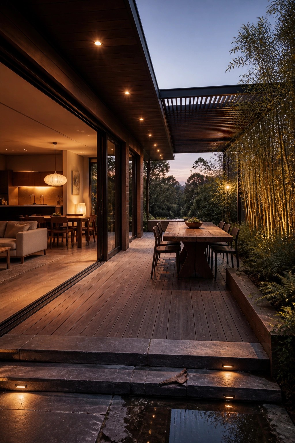 A wooden deck with a large dining table and chairs outside a modern home at dusk, with sliding glass doors open to the interior and bamboo visible on the right.