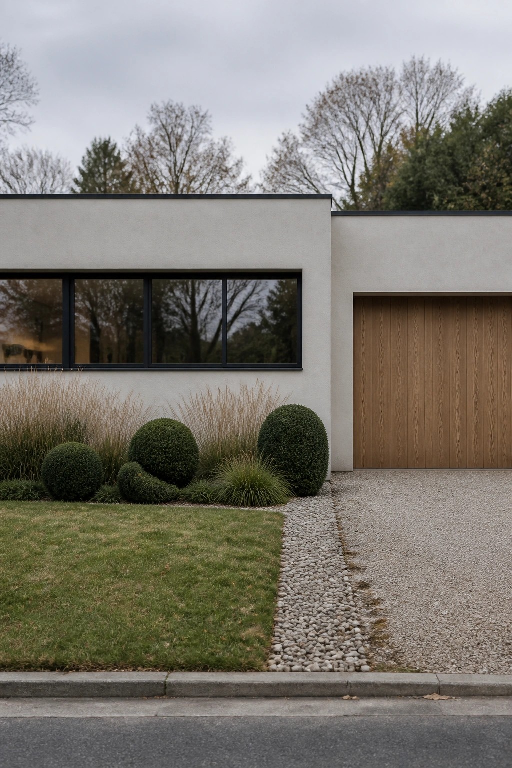 A light stucco house exterior with a large black-framed window and a vertical wood garage door, bordered by rounded shrubs, grasses, and a gravel strip next to a lawn.
