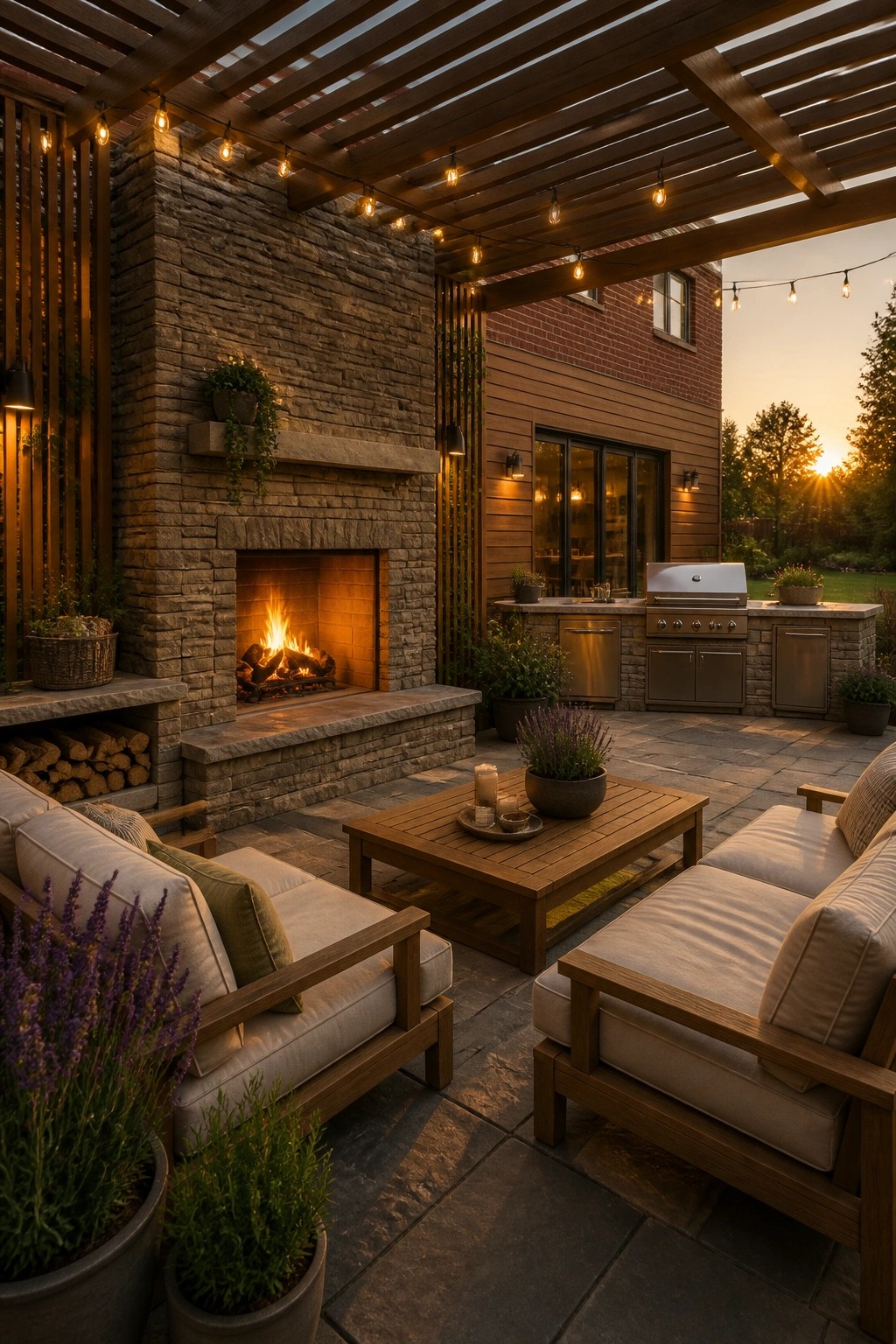 A covered patio with a large stone fireplace, wooden pergola strung with lights, outdoor seating, coffee table, and an outdoor kitchen set against a brick house at dusk.