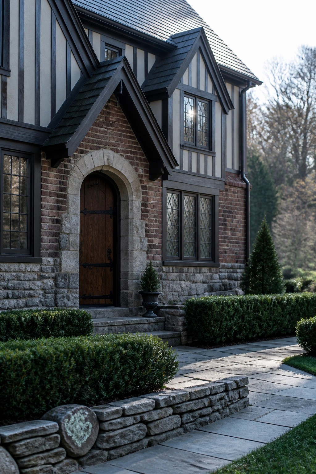 A two-story Tudor house exterior with a stone foundation and arched entry surround, brick walls above, dark wood half-timbering and trim, and a stone pathway in front.