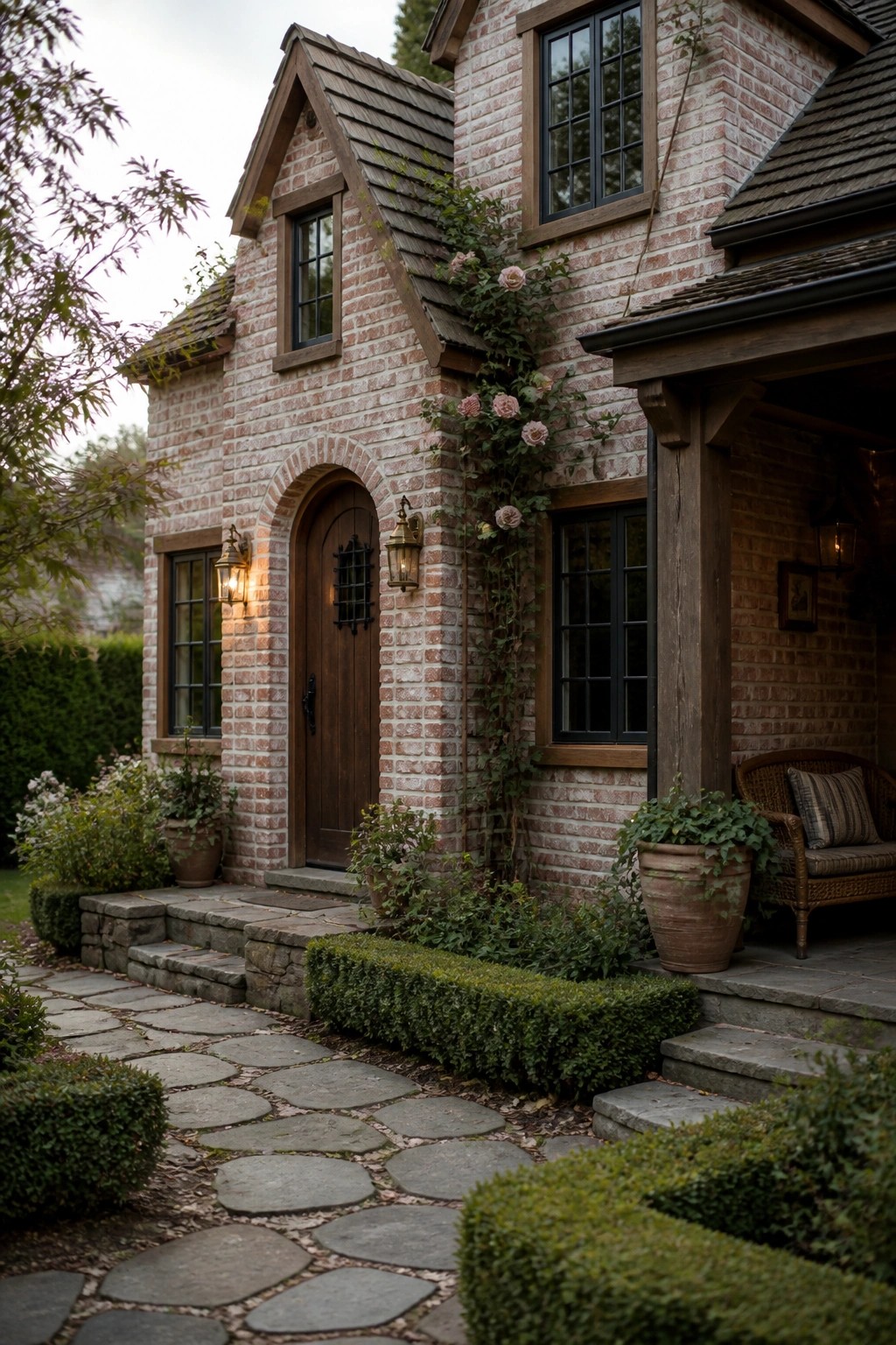 A brick house exterior with a wooden front door under an arch, stone steps, wood trim on windows, and climbing roses on the wall.