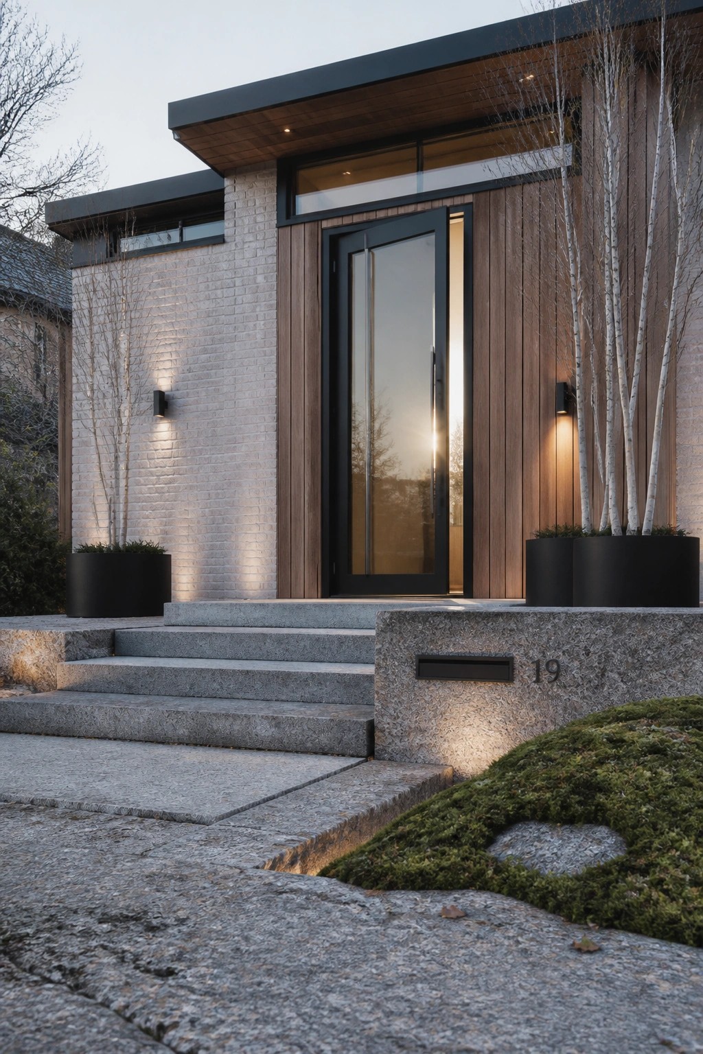 Modern house entrance featuring light brick walls, vertical wood siding, a tall black-framed glass door, stone steps, and two black planters with trees.
