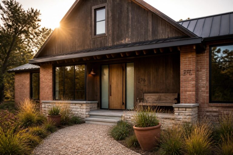 A house exterior with dark wood siding on the gable, red brick walls, a wooden front door, stone steps, and a gravel path lined with potted plants.