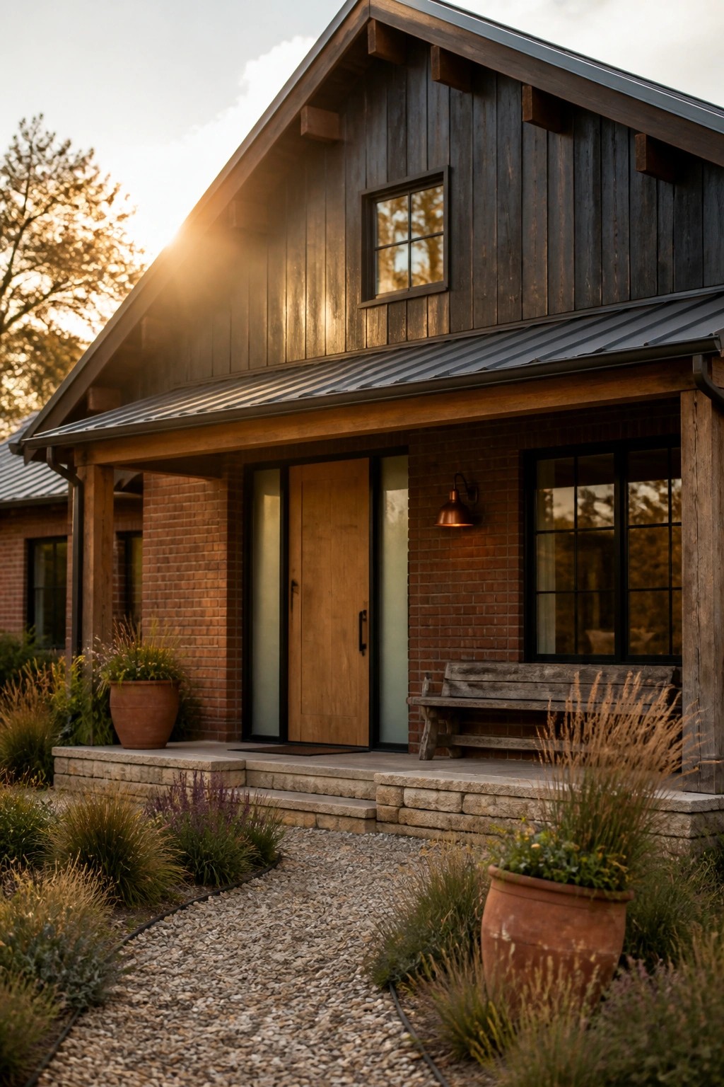 A house exterior with dark wood siding on the gable, red brick walls, a wooden front door, stone steps, and a gravel path lined with potted plants.