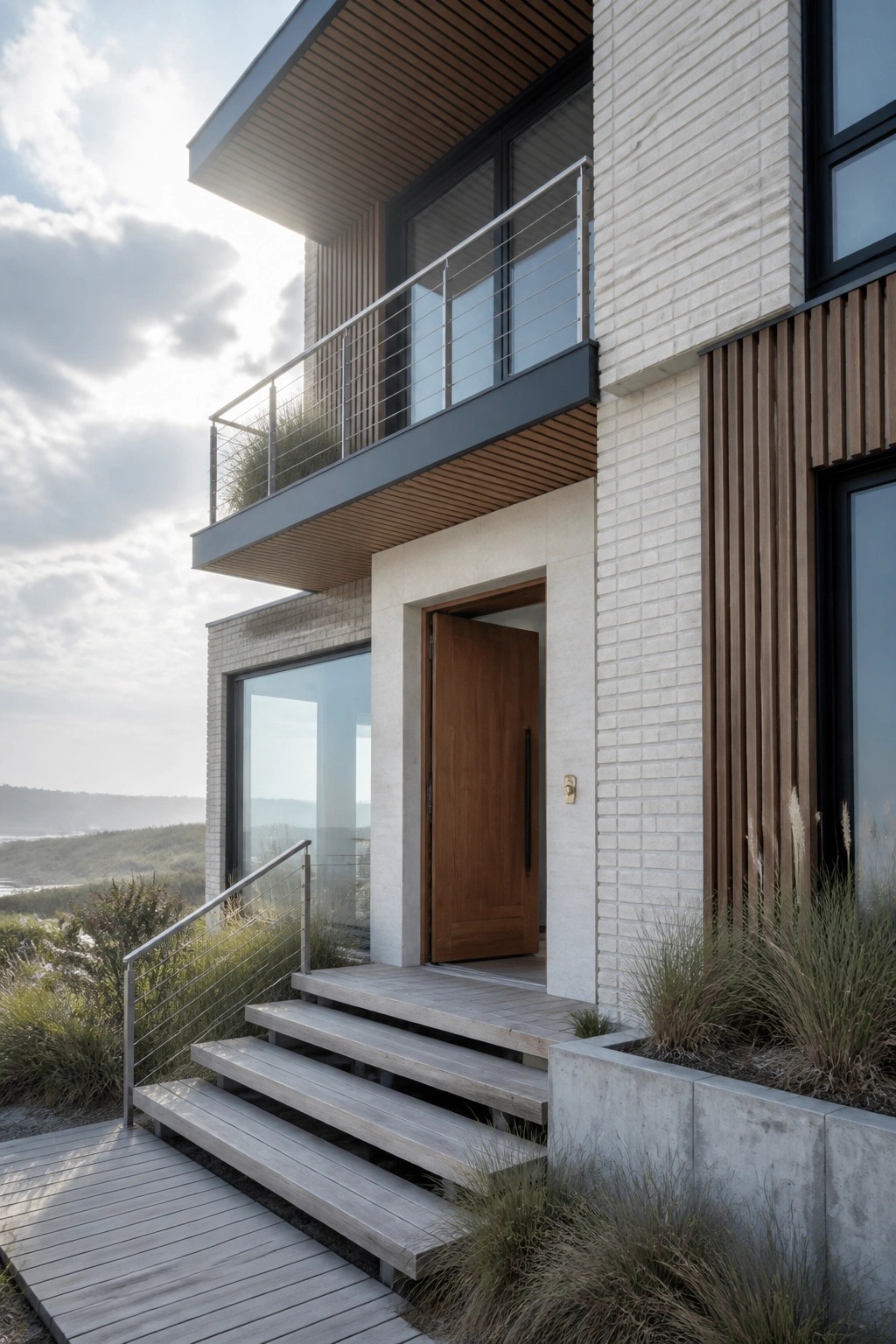 A modern multi-story house exterior featuring white brick walls, vertical wood siding, a wooden front door, a second-floor balcony with metal railing, and concrete steps leading to a wooden deck.