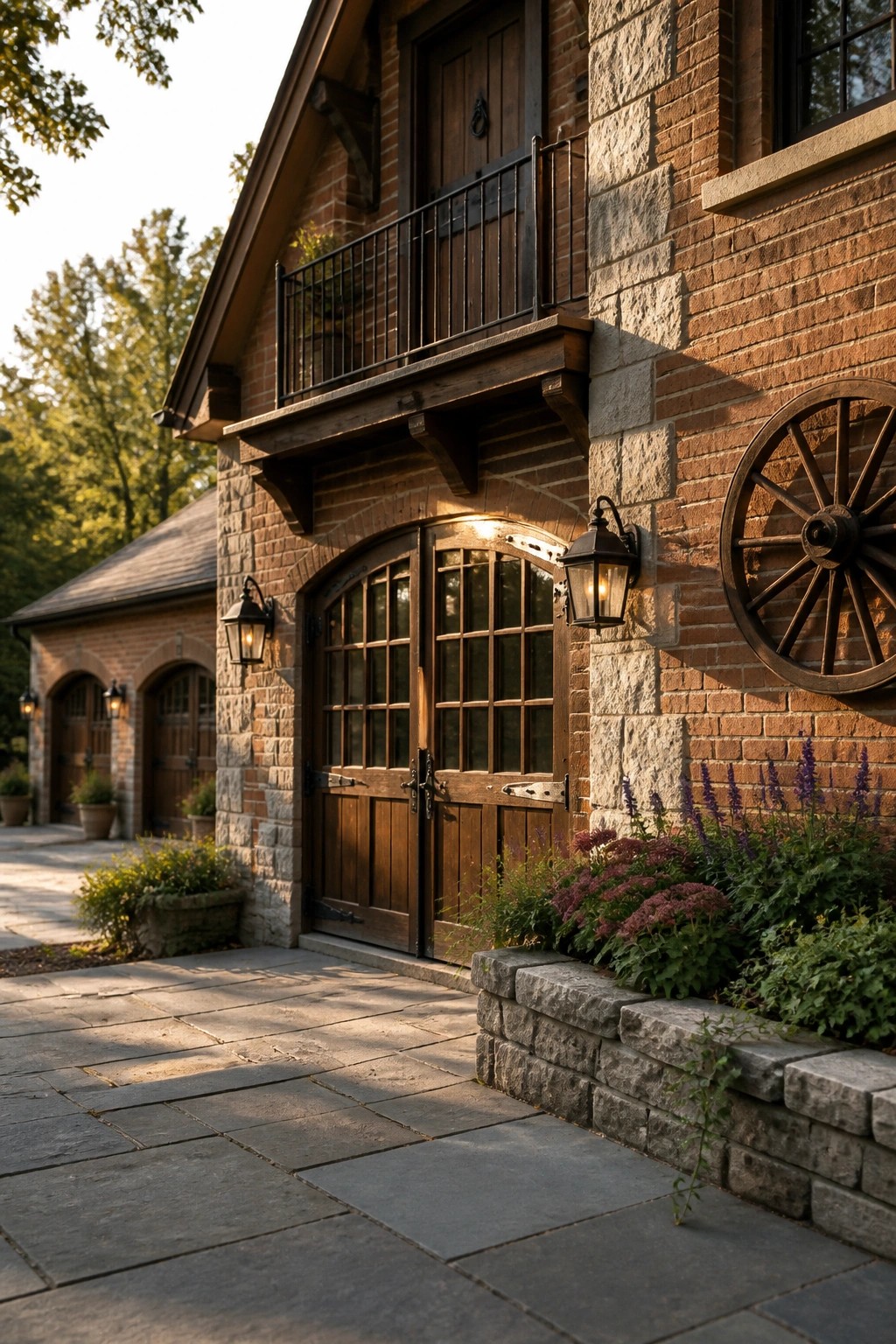A two-story brick house exterior featuring stone accents at the corners, arched wooden double doors, a wooden balcony above the entrance, wall-mounted lanterns, and a large wooden wagon wheel mounted on the brick wall.