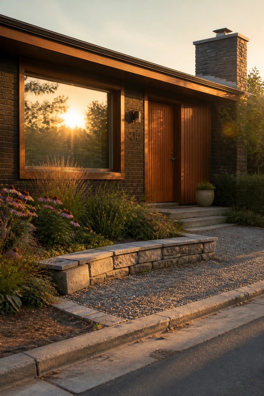 A house exterior with dark brick walls, wood door and window frames, a stone chimney, and a low stone retaining wall beside a gravel driveway and garden bed.