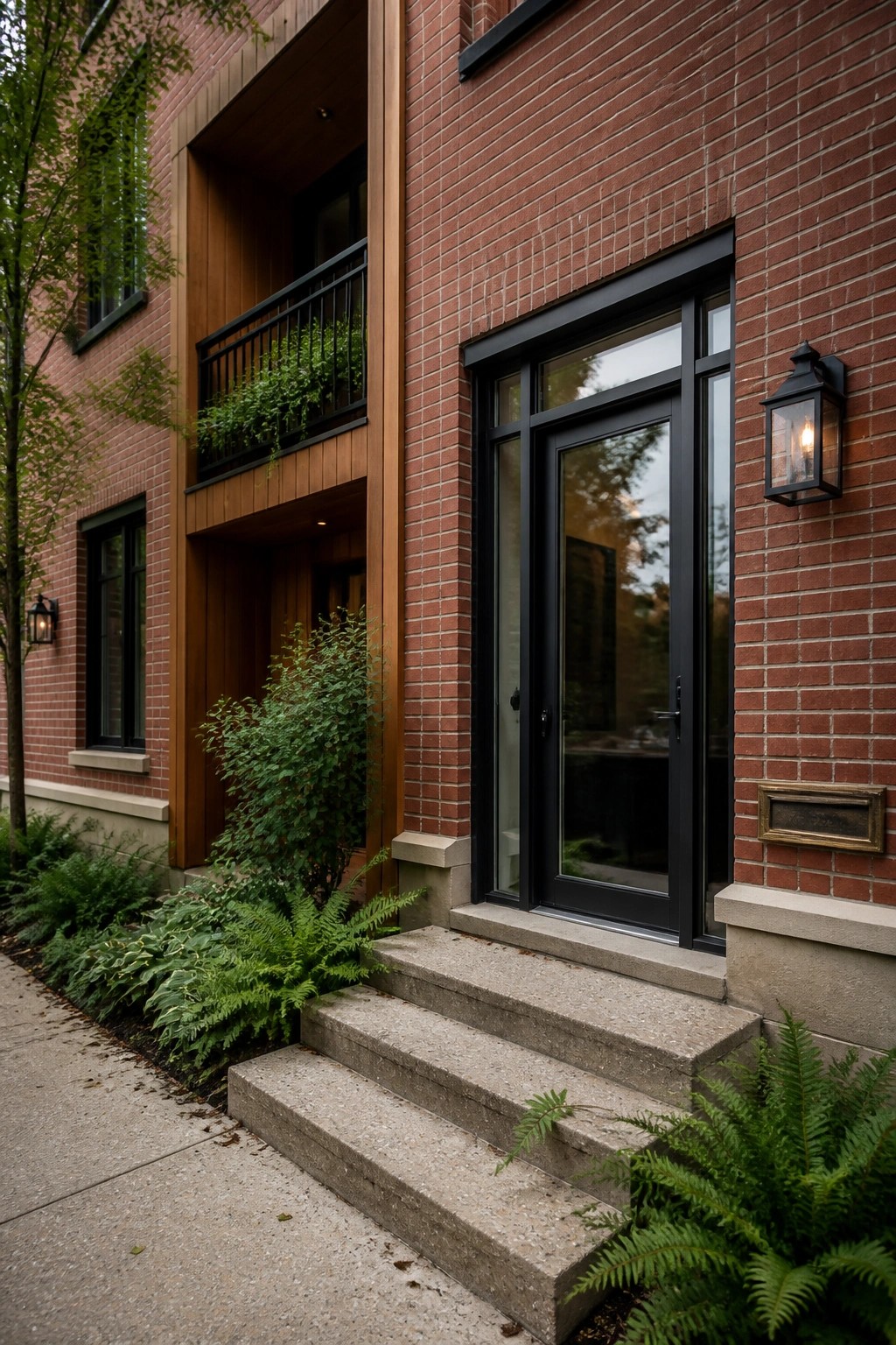 A red brick house exterior featuring wood paneling, a black-framed glass door, concrete steps, and surrounding greenery.