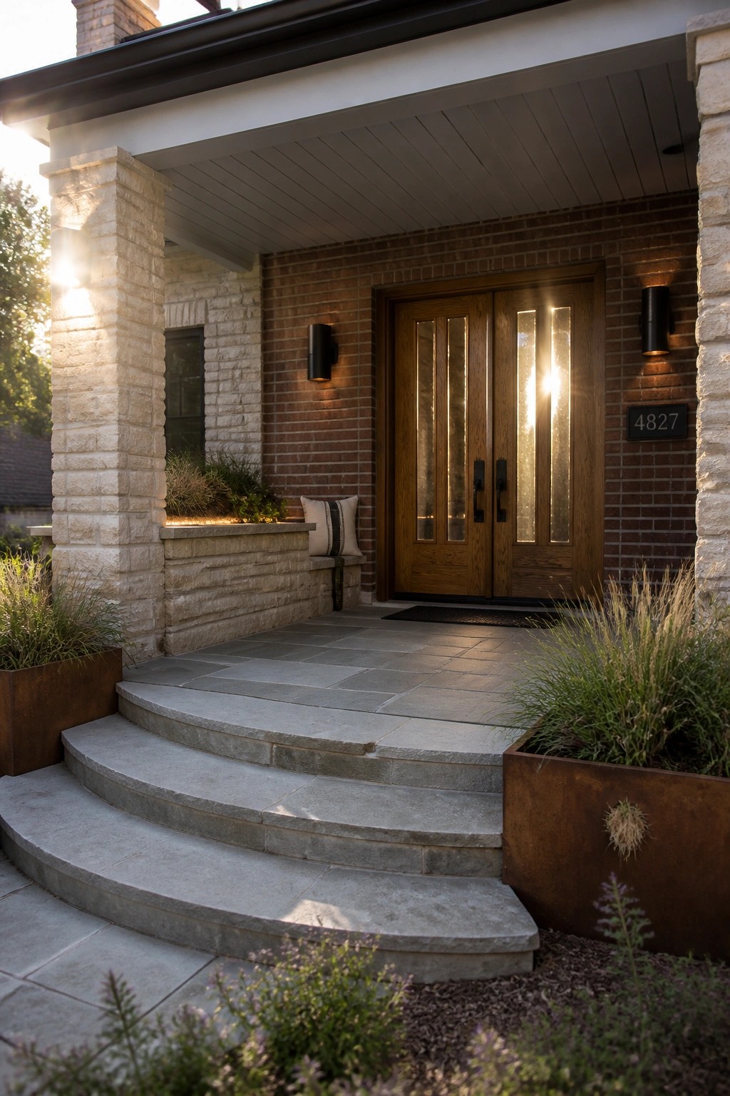 Brick house porch with wooden double doors, stone steps, and garden planters at sunset