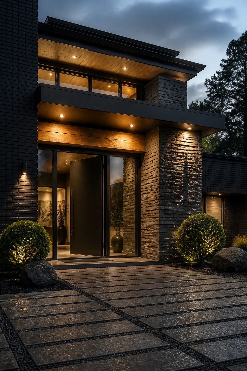 Modern house entrance at dusk with a dark door, stone pillar, wood ceiling detail, and paved walkway.