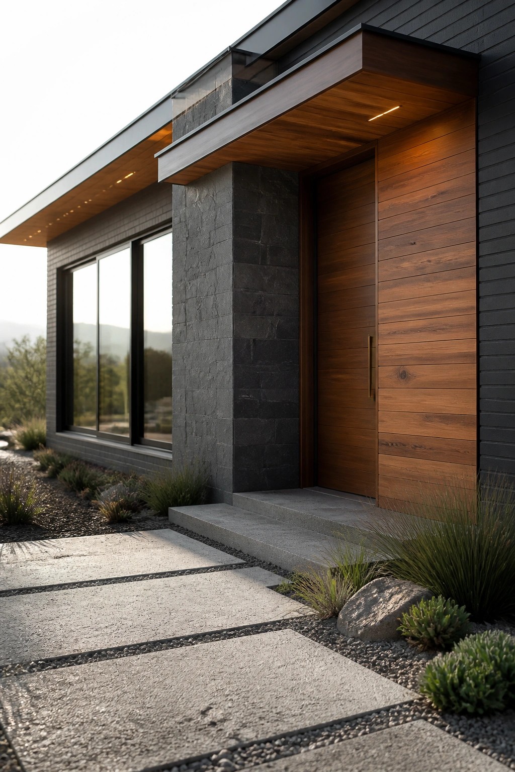 Modern house entrance with wooden door, stone pillar, large windows, and concrete path.