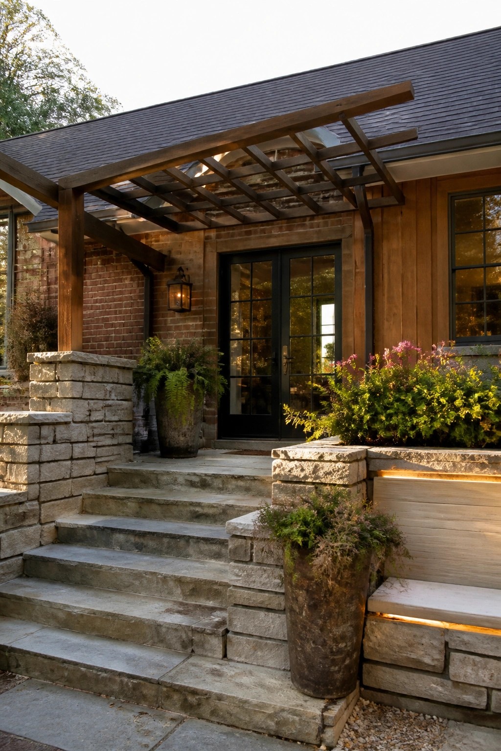 A house front entrance with stone steps and pillars, brick walls, wood siding, a wooden pergola overhead, and a black door.