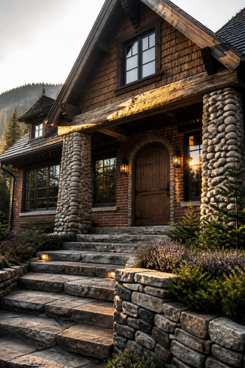 A house exterior with stone columns supporting a wood beam porch roof, brick walls, wood siding, a wooden front door, and stone steps.