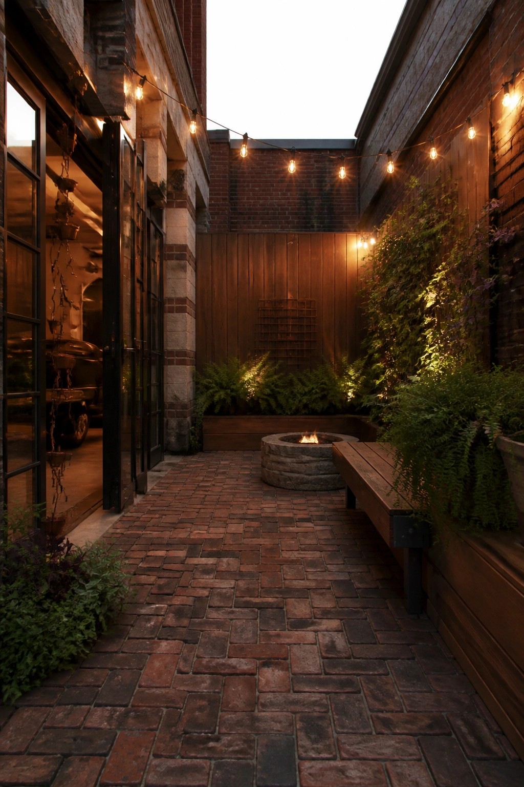 A brick courtyard with a round stone fire pit, wooden bench, string lights, and plants along the walls.
