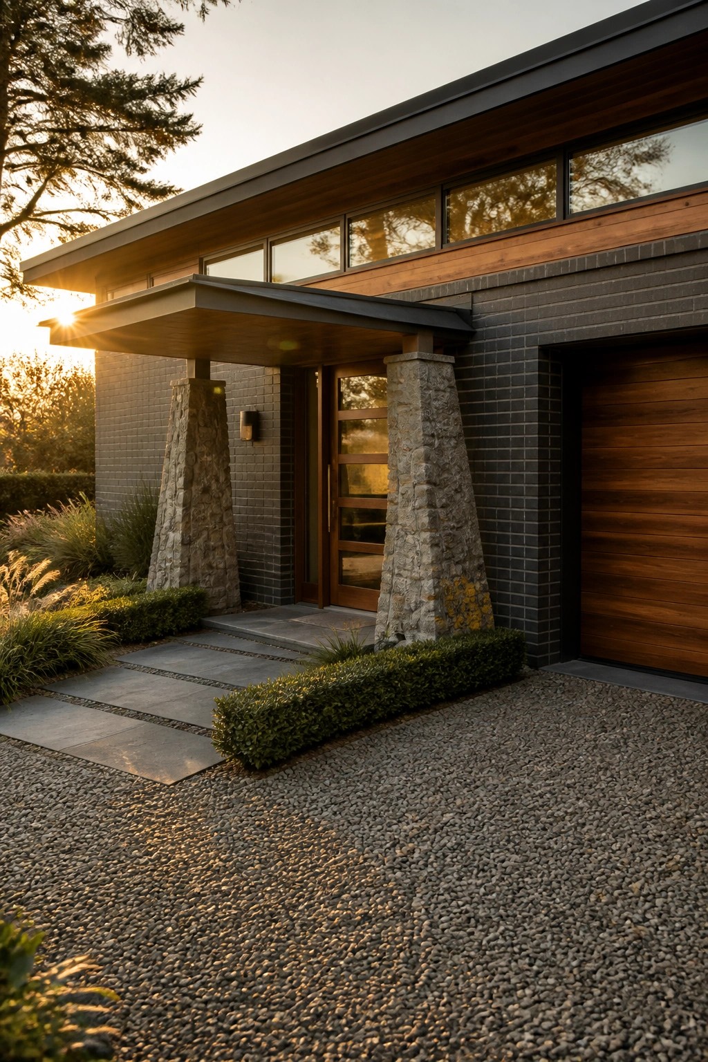 Modern house exterior with dark brick walls, wood siding, a wooden front door flanked by two tall stone pillars, and a gravel driveway at sunset.