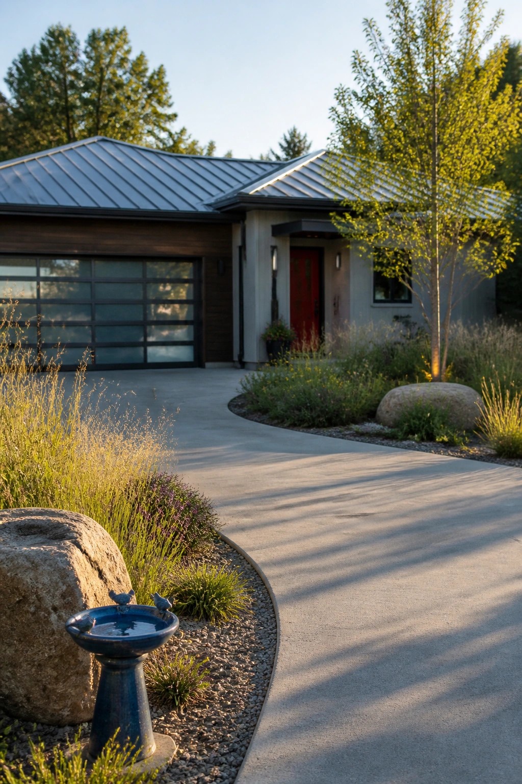 A modern single-story house with a dark grid-style garage door, red front door, metal roof, concrete driveway, and landscaped front yard with rocks and a blue birdbath.