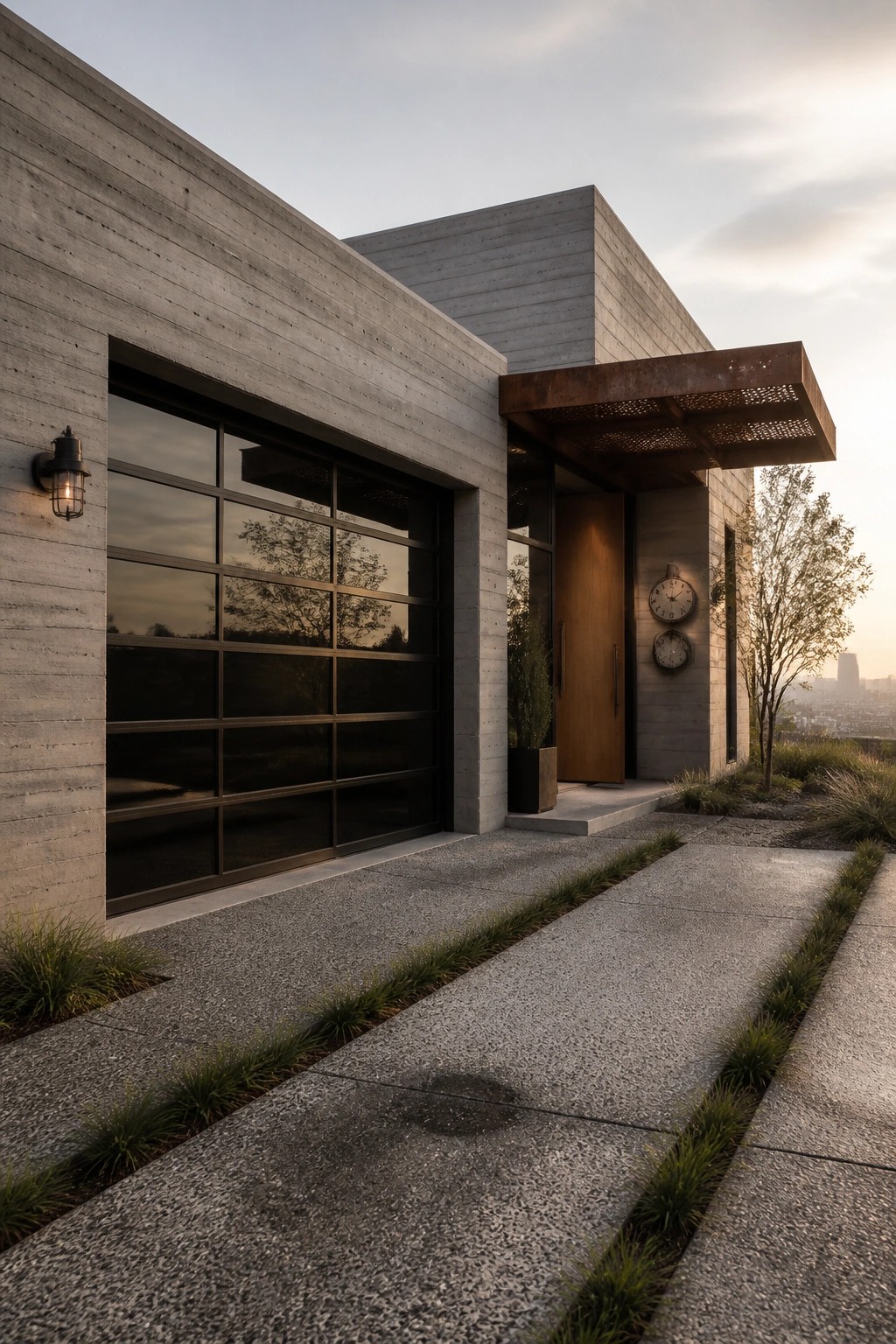 Modern concrete house exterior with a large grid-style garage door on the left side and a wooden front door under a perforated metal overhang on the right, set against gravel paths and distant city views.