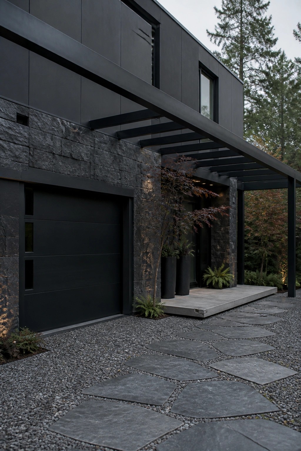 A modern dark house exterior with an integrated garage door on the left side and a covered entry with stone walls on the right.