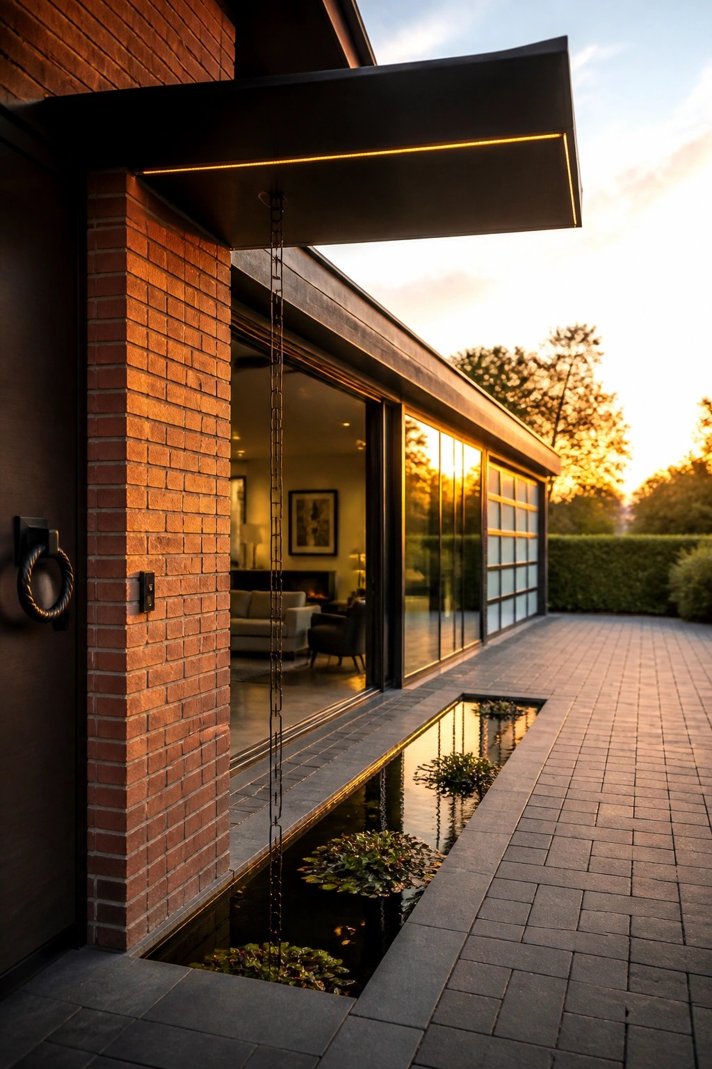 Modern house exterior showing a brick column, large sliding glass doors, a linear water feature, and an integrated glass-paneled garage door under a dark overhang.