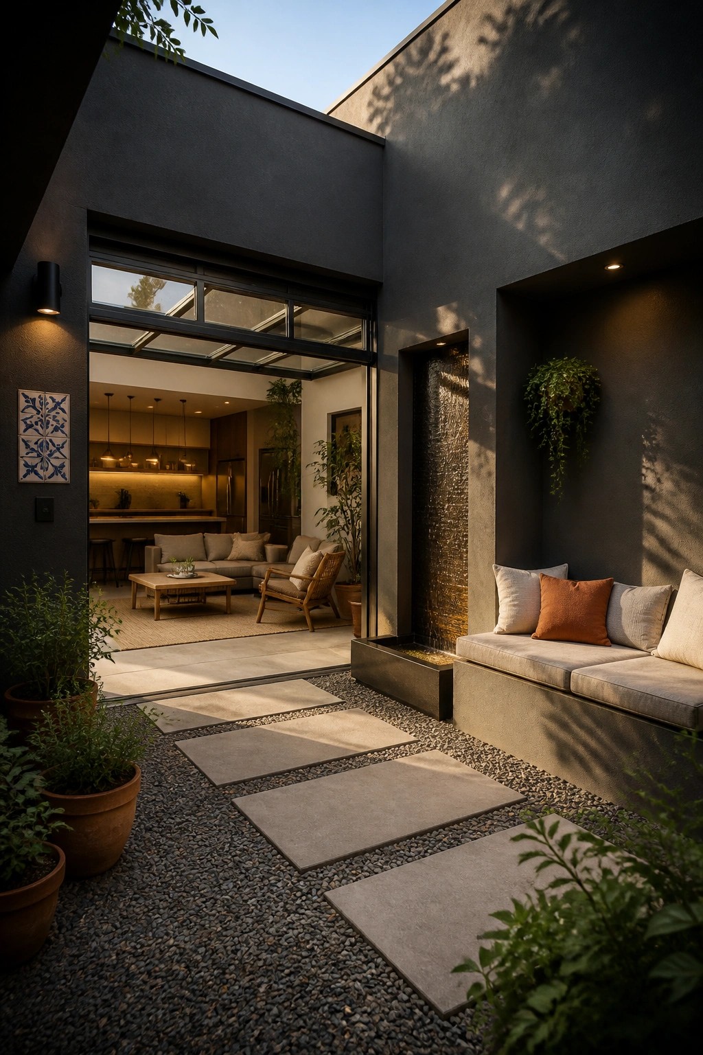 A modern outdoor courtyard features a built-in cushioned bench along a gray wall with a vertical water feature, stone stepping paths through gravel, potted plants, and an open view into an adjacent indoor living area.