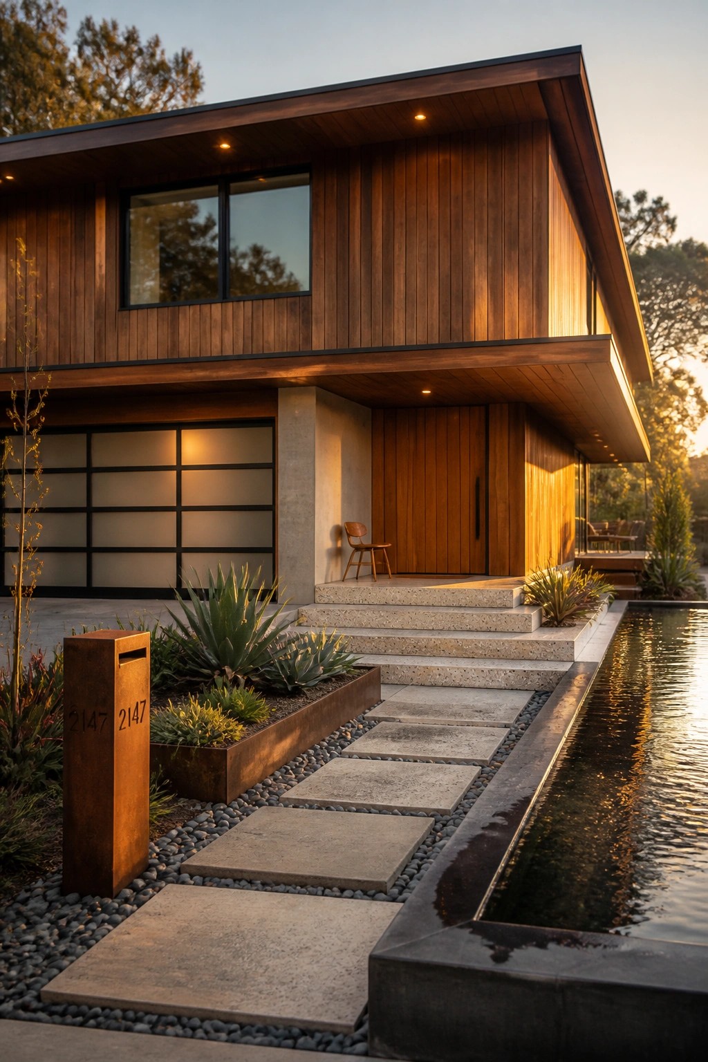 A modern two-story house with horizontal wood siding shows an integrated garage door on the left and a front entry with concrete steps and a stone pathway next to a narrow water feature.