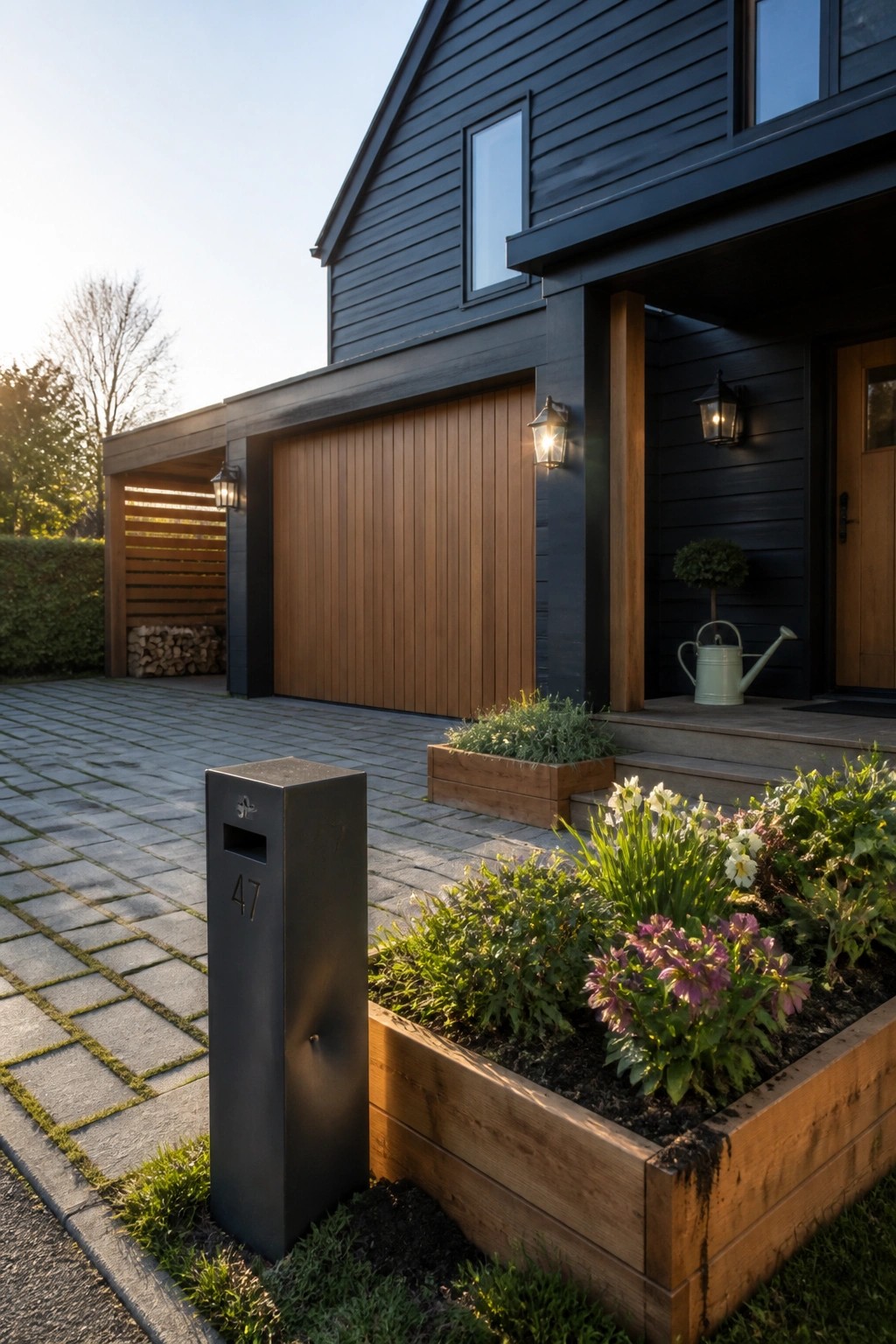 A modern house with dark siding, a brown vertical wood garage door, a black mailbox post labeled 47, and a wooden planter bed in the foreground.
