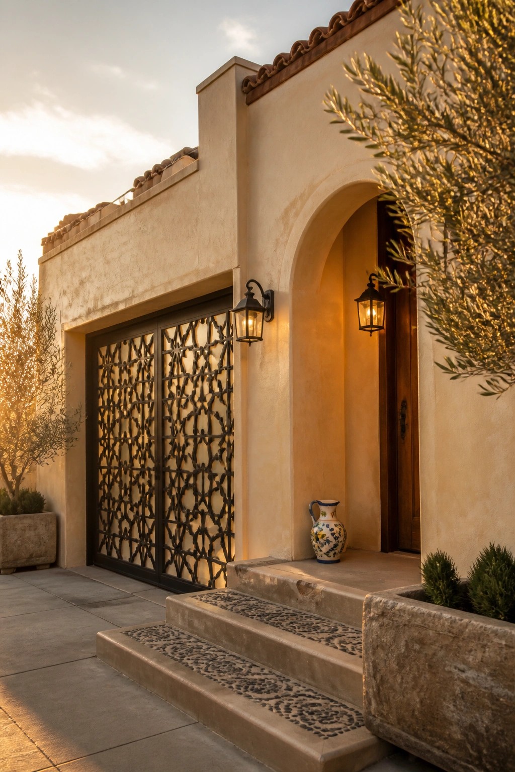 A stucco house exterior featuring an arched doorway, a decorative metal lattice garage door, stone steps with patterned risers, and two lit wall lanterns.