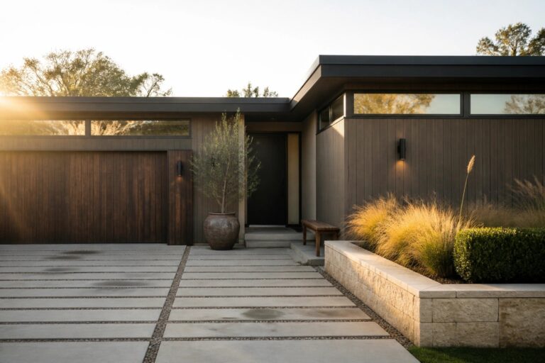 Modern house exterior with a dark wood garage door integrated into the siding on the left and a recessed black entry door with wall sconces on the right, plus a stone planter in the foreground.